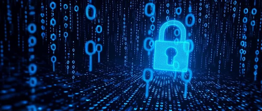 Blue digital background vector with a padlock symbol and binary code for security, data protection, or cyber-security design element Generative AI