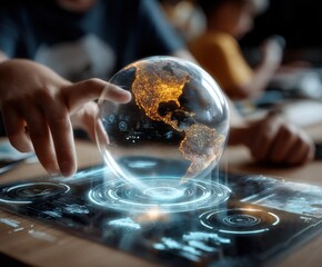 Futuristic digital globe hologram displaying North and South America with glowing city lights and digital interface elements in a modern tech environment