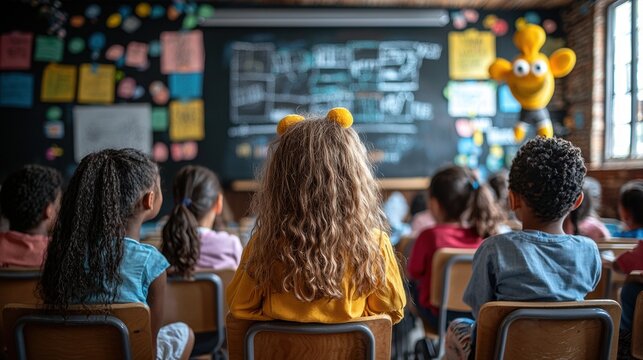 Hand puppet delights group of excited students during interactive lesson in colorful classroom setting Children's faces reflect interest and joy while learning