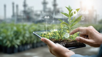 Modern agricultural technology concept with human hand using smartphone to monitor and control crop growth in innovative greenhouse environment