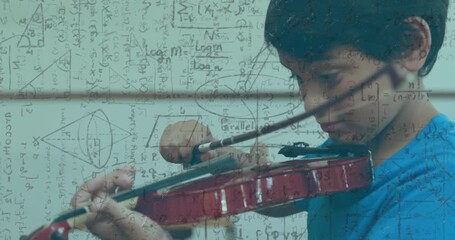 Child entering frame with red violin bowing strings while diagrams highlighting music education