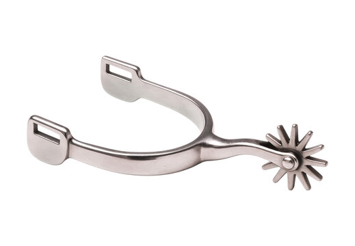 A single brushed stainless steel western cowboy riding spur with a ten-point rowel, an equestrian equipment tack, Isolated on Transparent and White Background