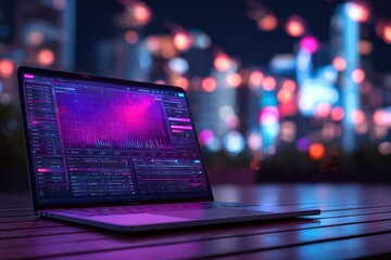 Obraz premium Advanced music production software on a laptop with colorful city lights bokeh background for digital o workstations and creative sound design