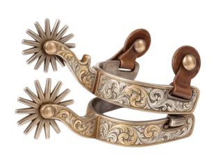 A pair of vintage Western cowboy spurs, featuring intricate silver and gold floral engravings and large rowels, Isolated on Transparent and White Background
