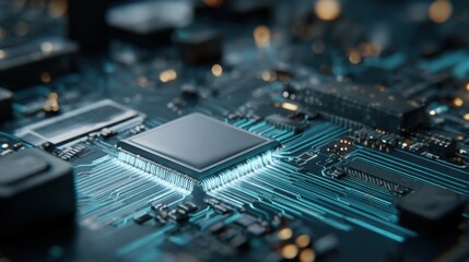 Close-up of a modern computer motherboard with detailed electronic circuitry, processor chip, and integrated components for technology and hardware concepts