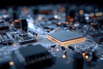 Close Up of a Modern Computer Circuit Board with Integrated Chips and Microprocessors Showing Electronic Components and Technological Innovation
