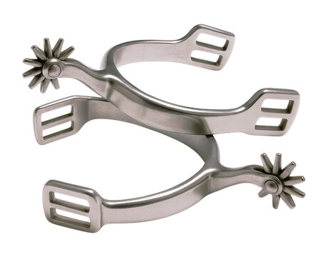 A pair of classic brushed metal Western cowboy boot spurs with star-shaped rowels, stacked equestrian equipment, Isolated on Transparent and White Background
