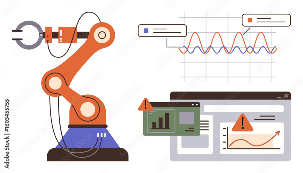 Poster robotic arm interacts with data graphs and warning signs on screens. ideal for automation, ai monito