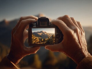 Close-up of person's hands holding a digital camera captu scenic mountain landscape du sunset with warm lighting and lush greenery