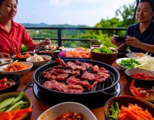 Enjoying Korean Barbecue at Sunset With Friends in a Scenic Outdoor Setting