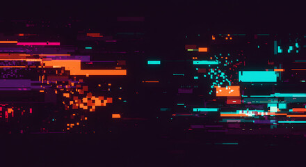 Futuristic digital glitch abstract background with neon data streams. Technology concept with pixelated distortion and vibrant color clash.