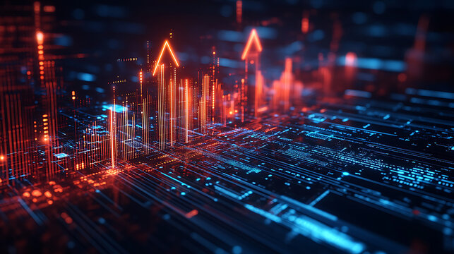 Illustration of upward business arrow with circuit board lines and financial graphs on dark blue background, symbolizing growth, success, and tech-driven investment