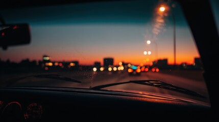 Long Exposure View of a Car Dashboard Du Sunset on a City Road with Blurred Lights and Sky Reflection