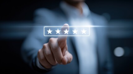 Business professional in formal suit interacting with digital star rating interface for customer feedback on modern touchscreen device