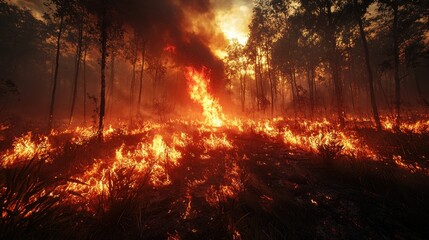 powerful wildfire engulfs dense forest, vivid flames and dark smoke rising dramatically into sky scene evokes sense of destruction and urgency