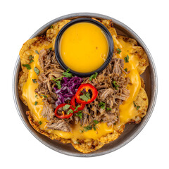 Delicious Loaded Nachos with Pulled Pork and Cheese Sauce on Dark Background