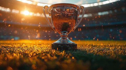 championship trophy shines brightly on pedestal golden light, blurred stadium backdrop creating atmosphere of celebration and triumph for victorious team