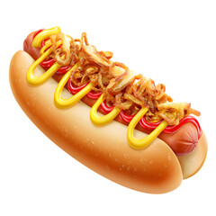 Appetizing hot dog with delicious toppings on a black background