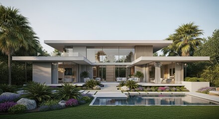Fototapeta premium Modern Luxury Villa with Pool in Tropical Setting