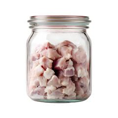 Diced raw chicken meat pieces inside a clear glass jar on a black background