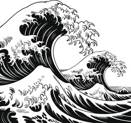 Dramatic black and white illustration of a powerful ocean wave