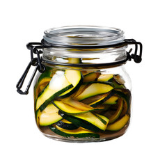 Preserved zucchini slices in glass jar against black backdrop offering culinary delight