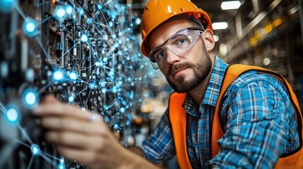 industrial engineer in safety vest and hard hat closely examines control panel in wastewater treatment plant during routine assessment ensure operational efficiency