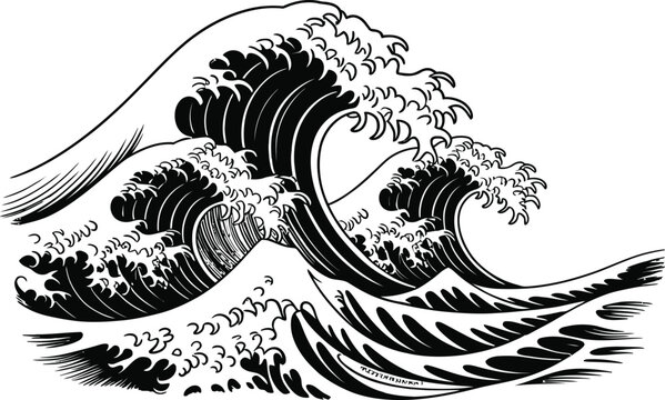 Dramatic black and white sketch of a powerful ocean wave
