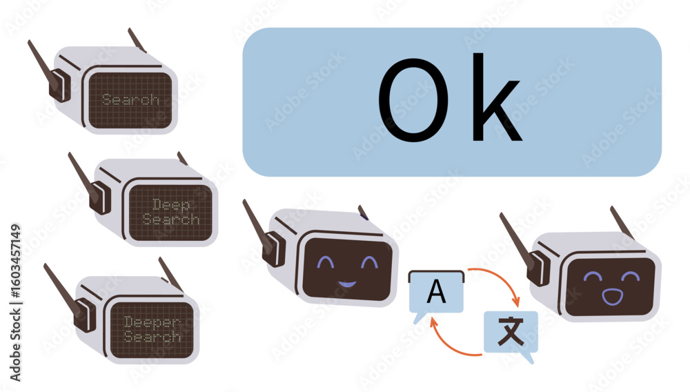 Poster ai robots evolving through search modes, from search to deeper search, ending with language translat