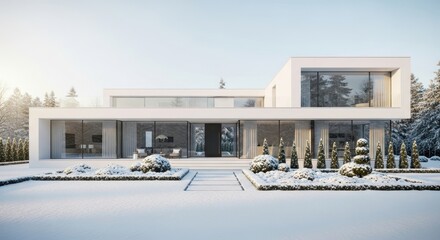 Modern Home Exterior in Winter Landscape