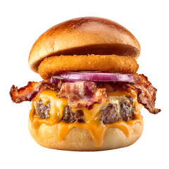 Delicious gourmet burger with bacon, onion rings and melted cheese on black backdrop
