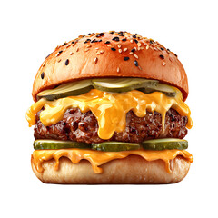 Delicious cheeseburger with sesame seeds, pickles, and dripping cheese on a black background