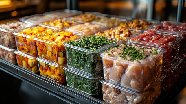 Vacuum sealed packs of frozen chicken, fish, and vegetables are neatly stacked in transparent freezer bin, emphasizing freshness and organized storage for meal prep