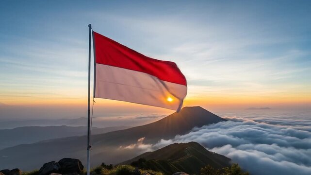 Majestic Indonesian flag waving atop a mountain during a beautiful sunrise scene