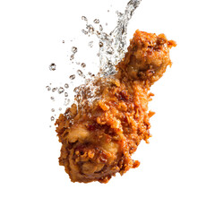 Crispy fried chicken leg with water splash against a black background image