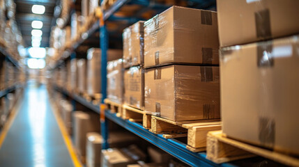 Multiple branded shipping boxes are neatly stacked and labeled, all prepared for dispatch within well lit, organized warehouse aisle, showcasing efficient logistics management