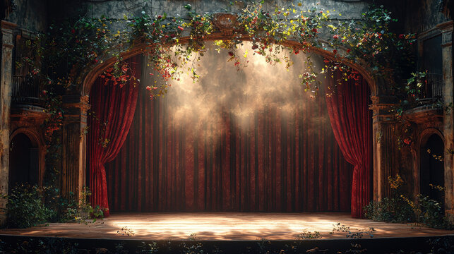 Beautifully decorated puppet theater stage showcases rich red curtains and detailed wooden puppets skilled puppeteer's hands move gracefully, illuminating enchanting scene