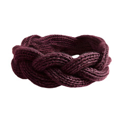 Braided knitted headband in burgundy color on a black background with studio lighting