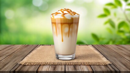 Iced Caramel Macchiato With Cream Topping And Syrup Drizzle Served In Glass On Wooden Table With Nature Background

