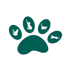 A creative representation featuring a paw print filled with silhouettes of playful cats, symbolizing pets, feline love, and creativity. Ideal for content involving animals and pet care