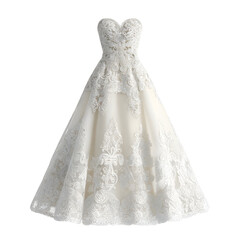 Elegant White Wedding Dress with Intricate Lace Details on a Black Background