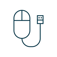 A simple line art illustration depicting a computer mouse connected via USB. Perfect for technology and user interface design concepts or digital communication themes.