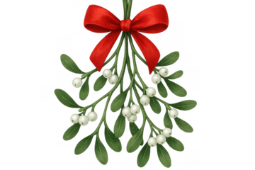Festive mistletoe sprig featuring white berries, green leaves, red ribbon, suspended against transparent background