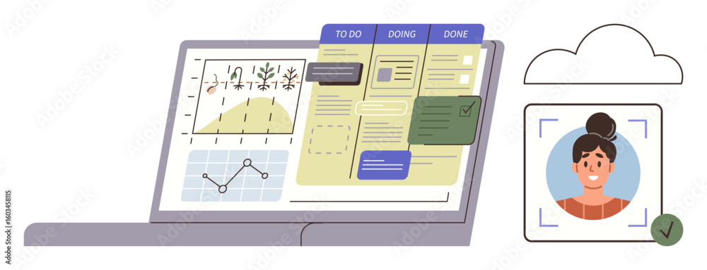 Poster laptop displaying data charts, taskboard sections, and notes alongside a cloud with a verified user 