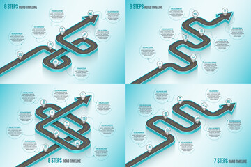 Isometric navigation map infographic 6-8 steps timeline concept. Winding road.