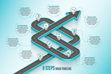 Isometric navigation map infographic 8 steps timeline concept. Winding road.
