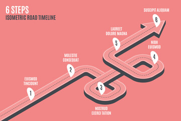 Isometric navigation map infographic 6 steps timeline concept.