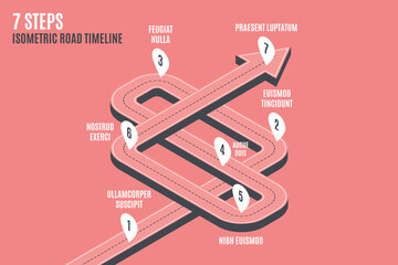 Isometric navigation map infographic 6 steps timeline concept.