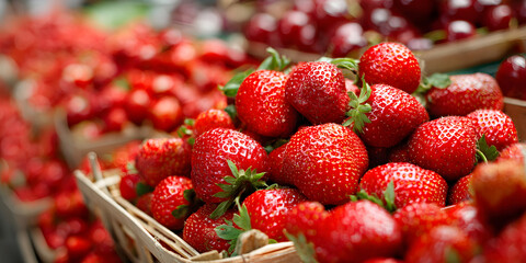 Fresh strawberries for sale at an outdoor market place, showcasing vibrant strawberries that entice shoppers. Discover the delightful offerings of strawberries in this lively market environment.