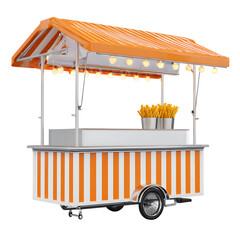 Vibrant orange food cart isolated against black background showcasing french fries